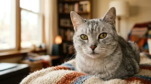 indoor cat life expectancy — silver senior cat with bright clear eyes in apartment setting
