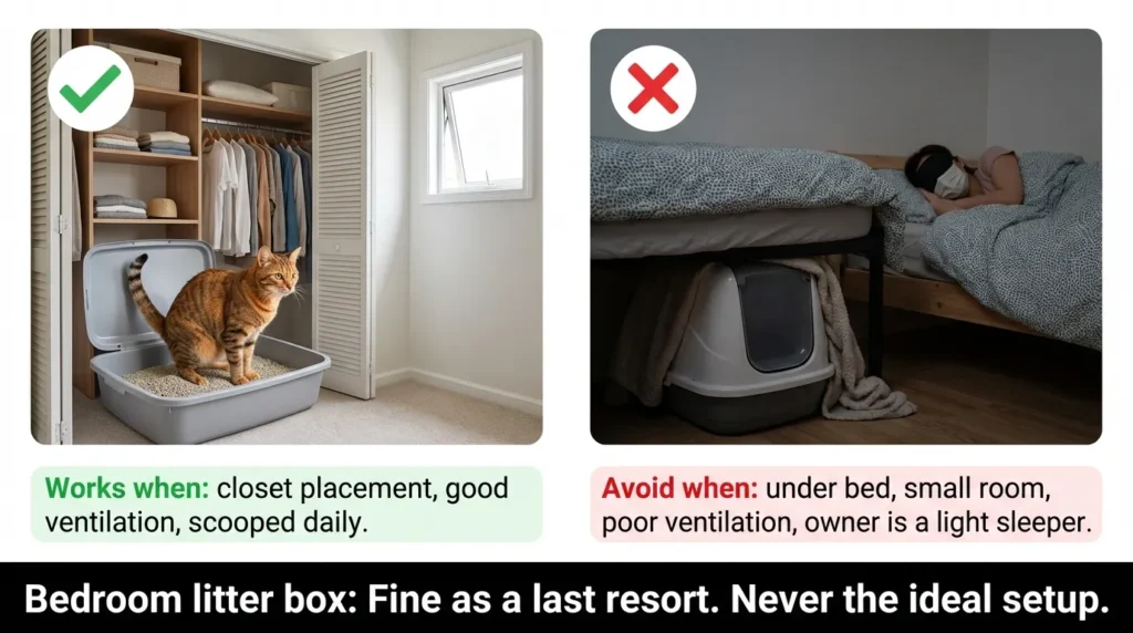 litter box in bedroom — realistic infographic showing when it works and when it causes sleep and hygiene problems