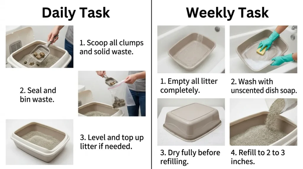 how to clean cat litter box — realistic infographic showing daily scooping and weekly full cleaning steps