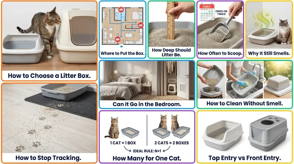 indoor cat litter box complete guide — realistic infographic showing 10 cluster topics for apartment cat owners