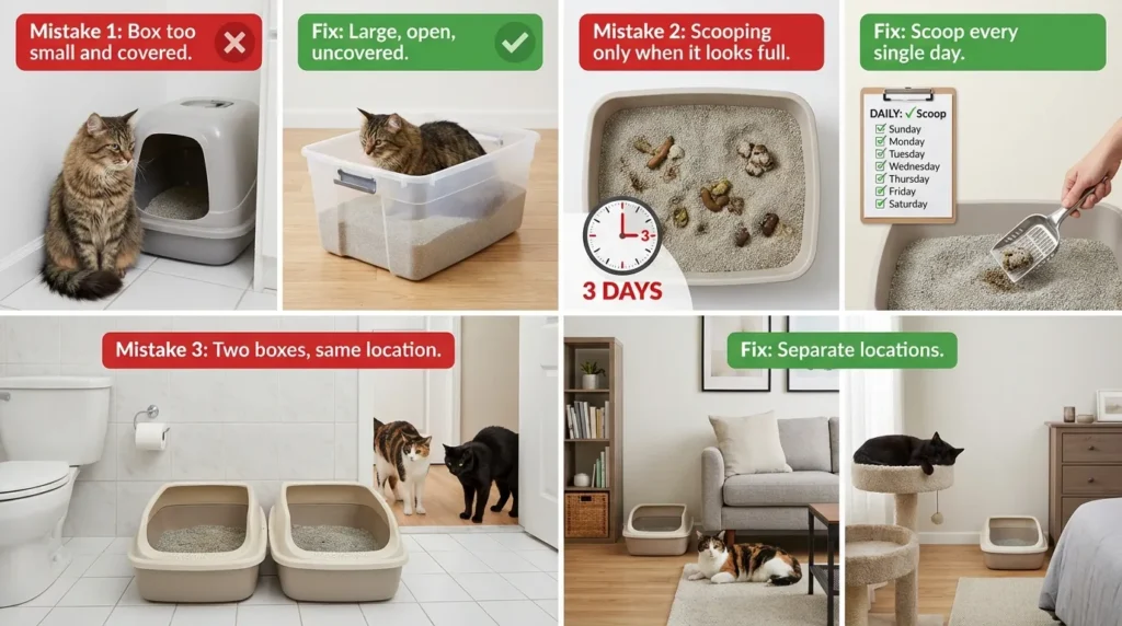 indoor cat litter box mistakes — realistic infographic showing 3 most common errors apartment cat owners make