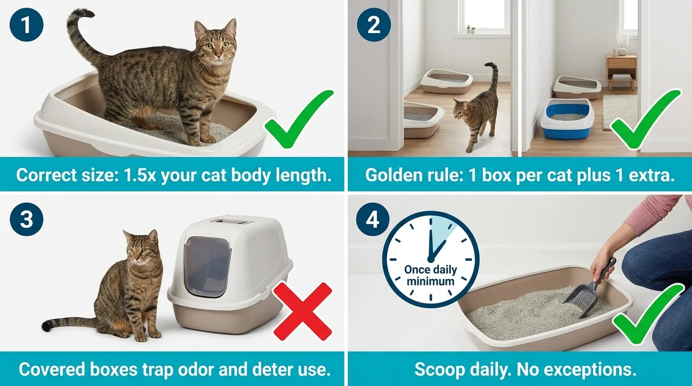 indoor cat litter box guide — realistic infographic showing correct setup size placement and cleaning schedule