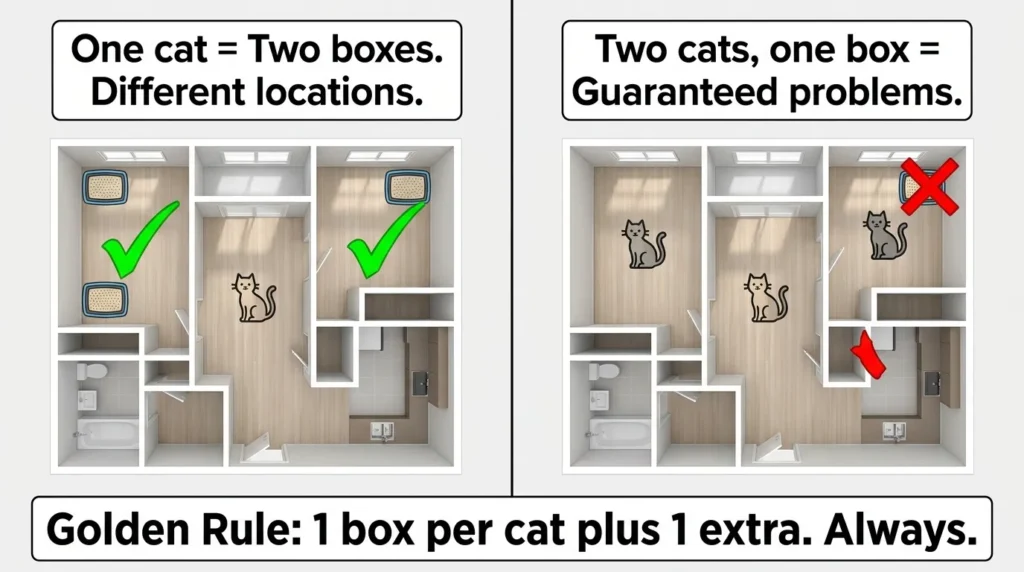 how many litter boxes for indoor cat — realistic infographic showing golden rule of one per cat plus one extra