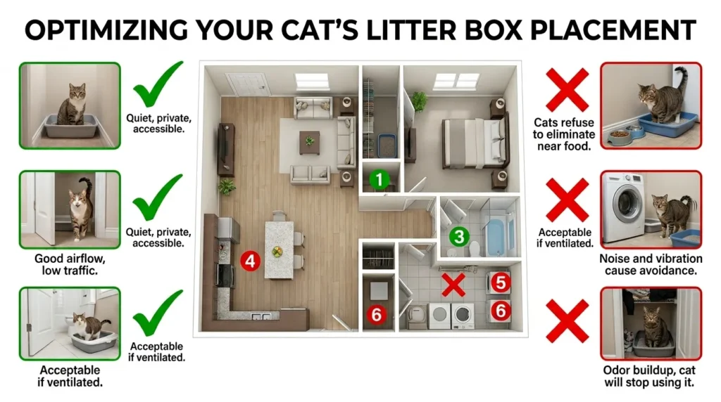 where to put litter box in small apartment — realistic infographic showing good and bad placement locations