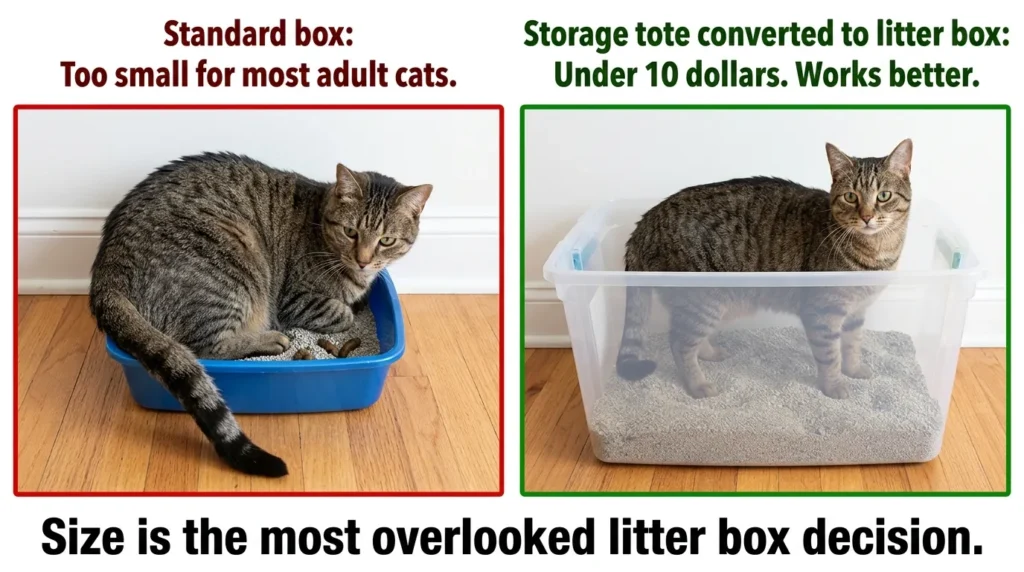 indoor cat litter box size problem — real cat crammed inside a standard small litter box showing discomfort