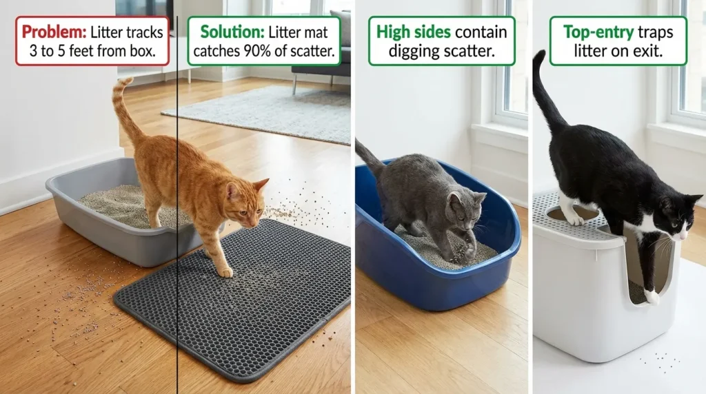 how to stop cat litter tracking — realistic infographic showing tracking mat high-sided box and top entry solutions