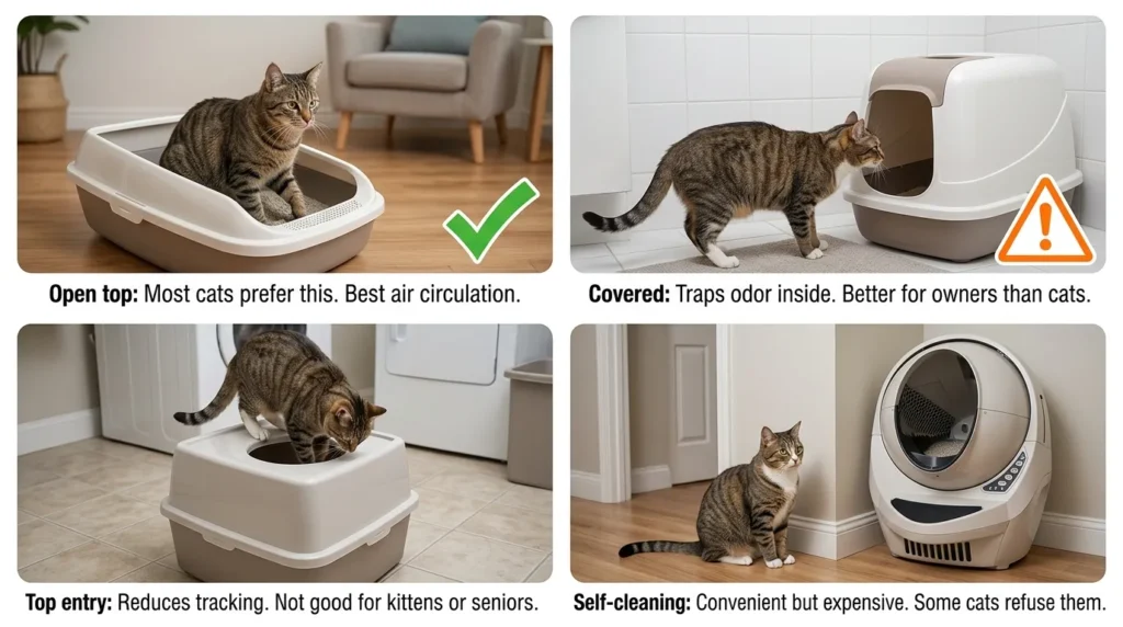 indoor cat litter box types — realistic infographic comparing open covered top entry and self-cleaning boxes