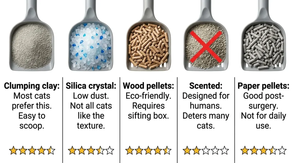 cat litter types comparison — realistic infographic showing clumping clay crystal wood pellet and silica options