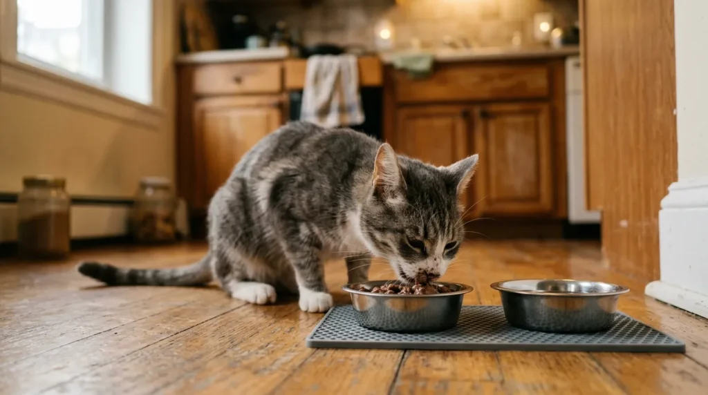 indoor cat losing weight recovery eating — thin recovering cat actively eating wet food from stainless bowl on apartment kitchen floor