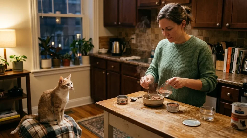 indoor cat losing weight recovery feeding — owner warming wet food with warm water in apartment kitchen as thin cat watches with interest