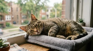 indoor cat low activity calorie needs — sleepy tabby cat lying on window perch in daylight in apartment