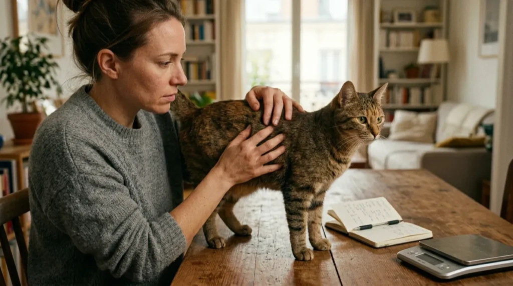 indoor cat overweight body condition check — owner feeling cat's ribs for body condition score assessment with scale visible in apartment