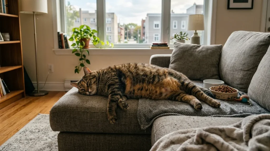 indoor cat overweight causes — wide tabby lying flat on sofa with full food bowl nearby communicating sedentary indoor lifestyle