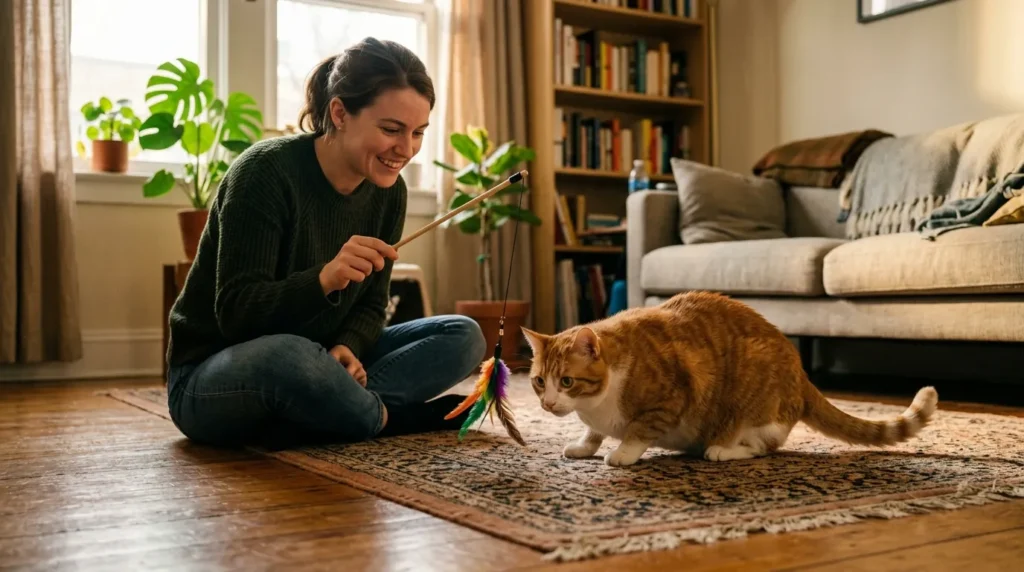 indoor cat overweight exercise — owner using wand toy to engage chubby cat in first low-energy play session on apartment floor