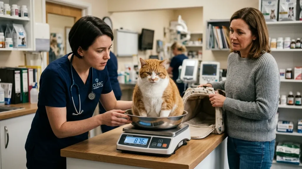indoor cat overweight vet visit — vet weighing overweight orange cat on clinic scale with attentive owner nearby