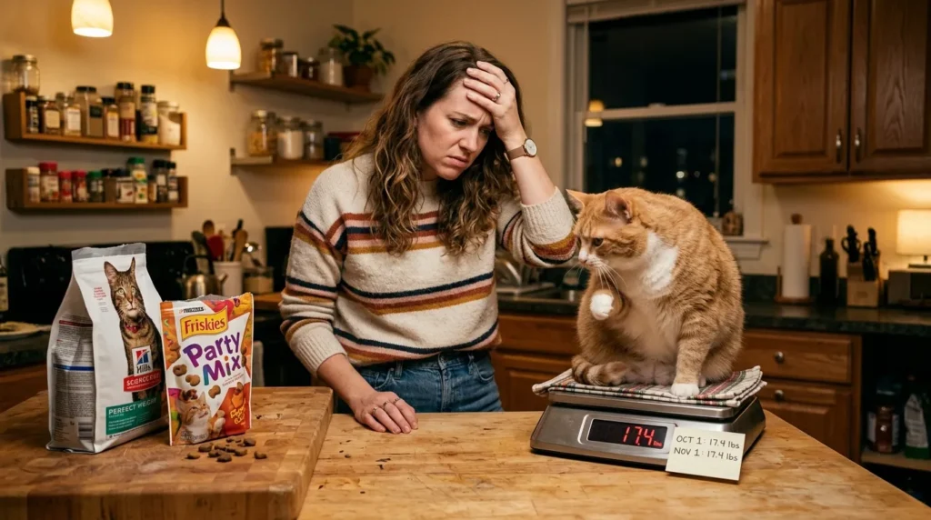 indoor cat overweight weight loss mistakes — owner frustrated at scale showing no progress with open treat bag visible on apartment kitchen counter