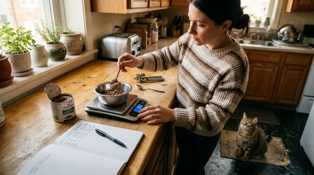 indoor cat overweight what to do eight steps — owner measuring precise cat food portion on kitchen scale with weight tracking notebook in apartment