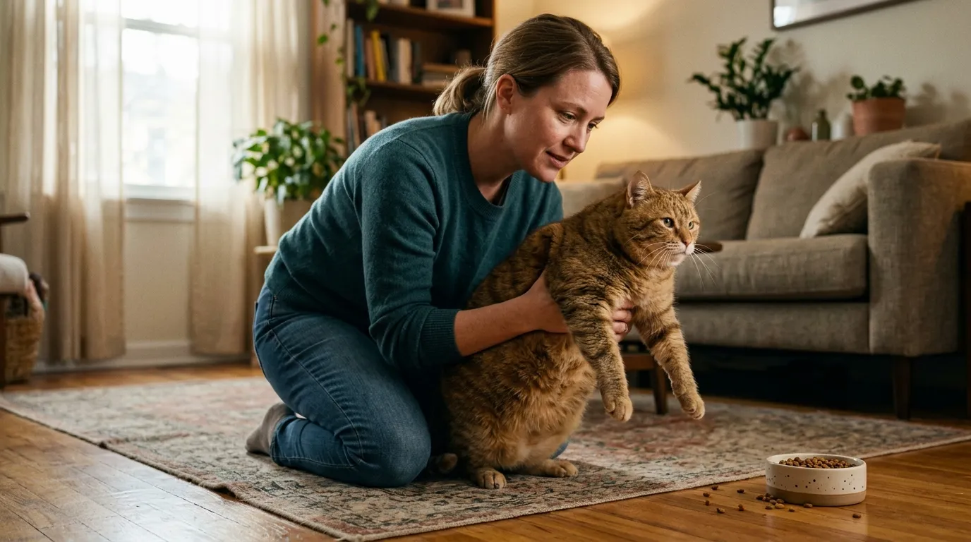 indoor cat overweight what to do — concerned owner trying to lift chubby tabby cat with food bowl visible in apartment living room