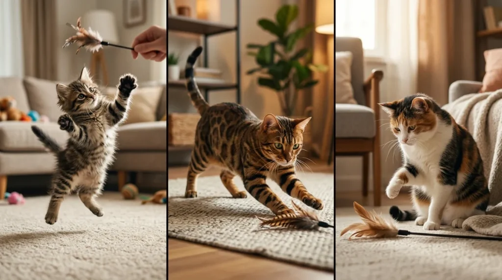 indoor cat play schedule by age — three cats of different life stages shown in appropriate play intensities from kitten frantic to senior gentle