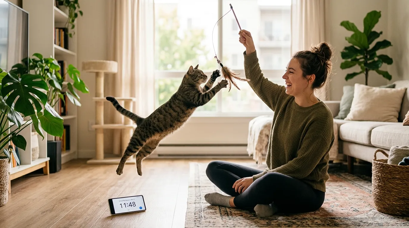 indoor cat play schedule — owner and cat in an engaged morning wand toy session with a visible phone timer showing a structured daily play routine in action