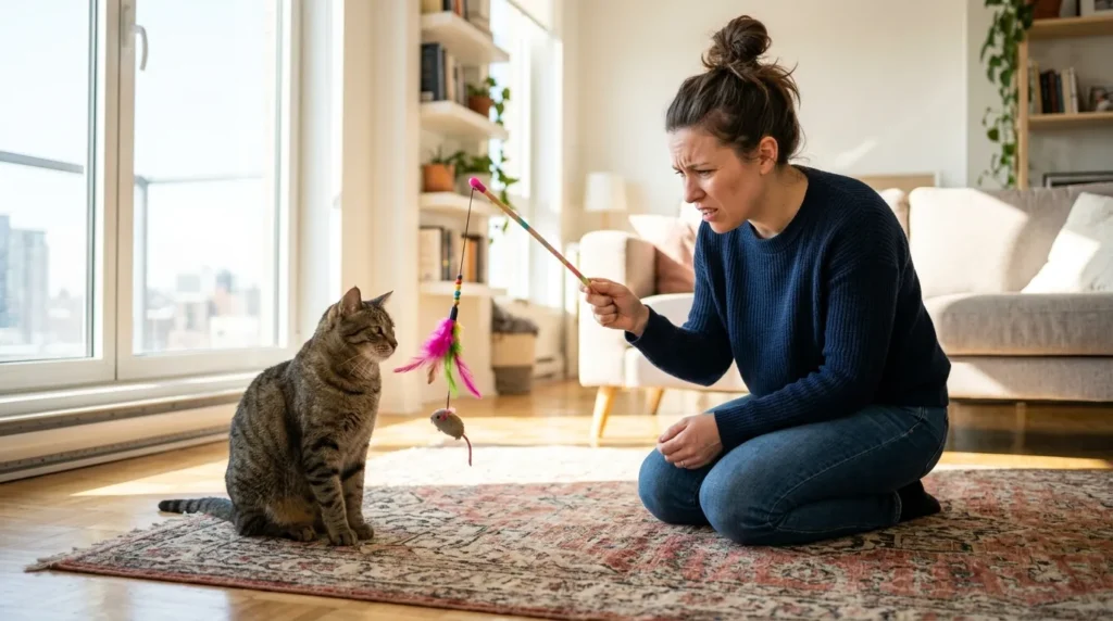 indoor cat play schedule mistake — owner playing with a cat at noon showing the wrong timing that produces low engagement and no behavioral improvement