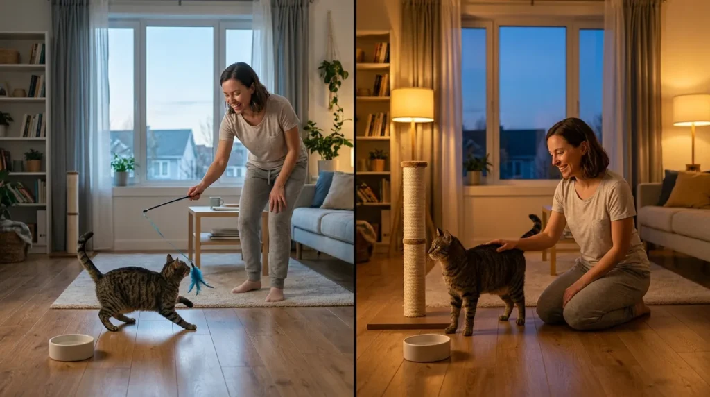 indoor cat play schedule structure — split image showing morning play session at dawn and evening session at dusk with cat engaged and food bowl visible after each session