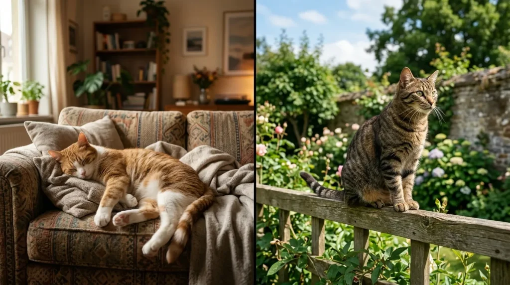 indoor cat vs outdoor cat behavior differences comparison — indoor cat relaxed on couch and outdoor cat alert on fence in split scene