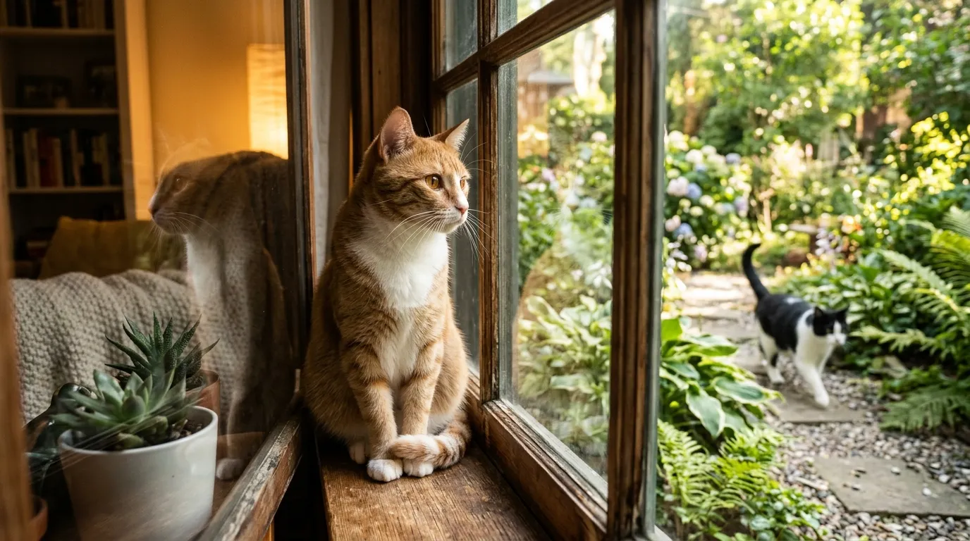 indoor cat vs outdoor cat behavior differences — indoor cat watching through window as outdoor cat roams garden