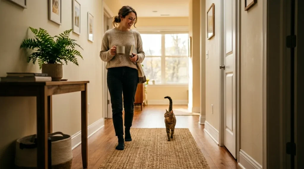 indoor cat behavior day to day — cat following owner through apartment rooms and waiting near food bowl