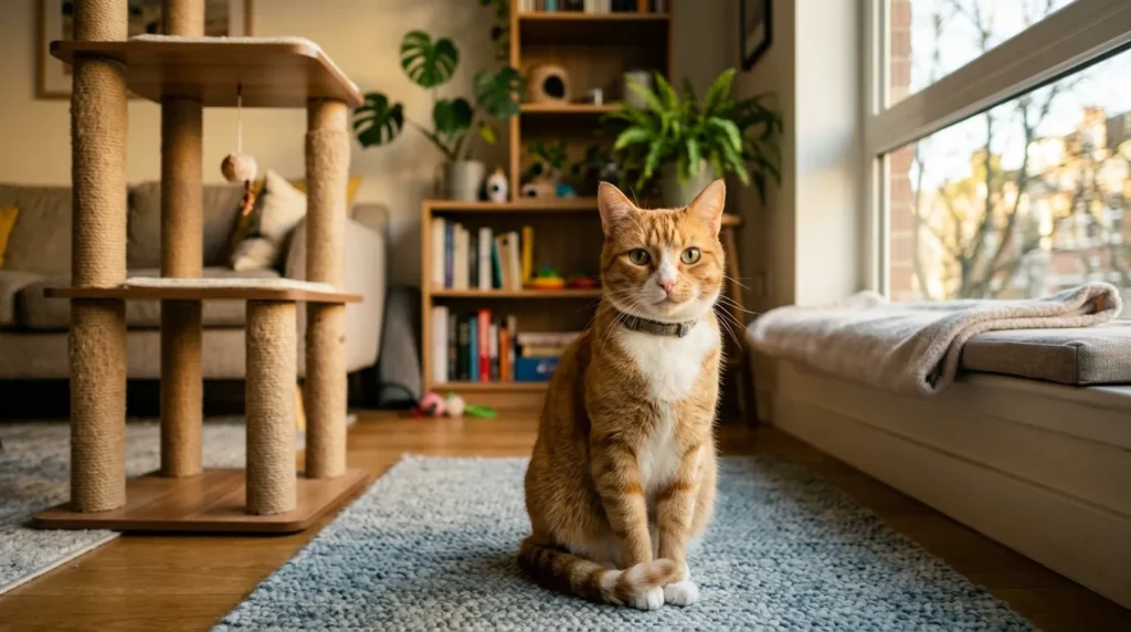indoor cat behavioral verdict — confident healthy indoor cat in enriched apartment looking directly at camera