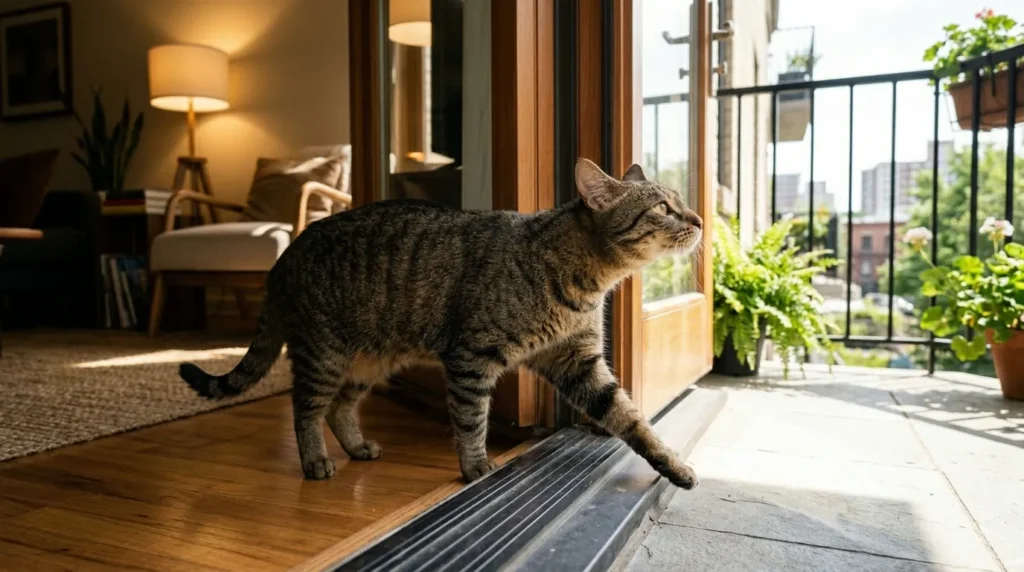 can indoor cats become outdoor cats — indoor cat standing cautiously at open door sniffing outside air for the first time