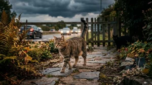 indoor cat happy behavioral outcome — cat playing actively with feather wand in a bright apartment