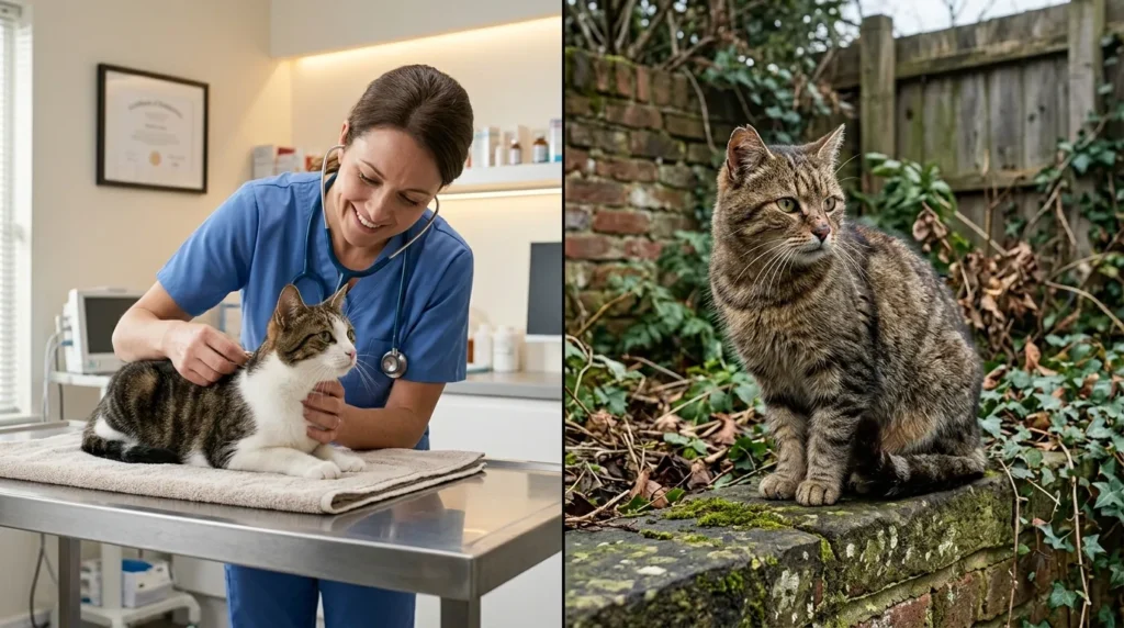 indoor cat vs outdoor cat health problems — split scene of vet examining healthy indoor cat and outdoor cat with visible health risks