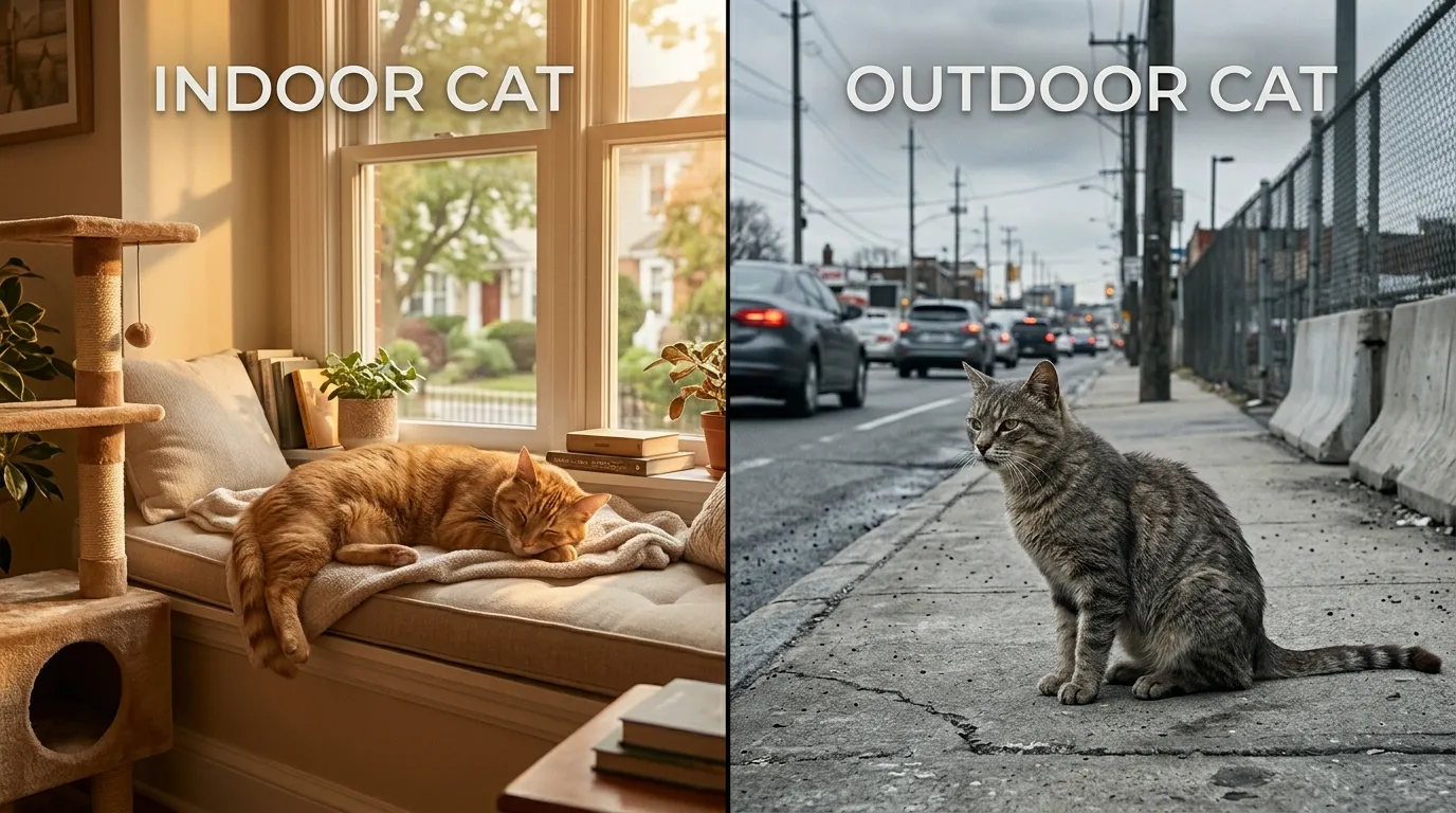 indoor cat vs outdoor cat lifespan comparison — healthy indoor cat on window perch vs outdoor cat on street showing lifespan contrast