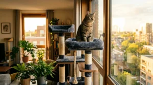 indoor cat enrichment outcome — cat confidently using a tall cat tree near a sunny apartment window