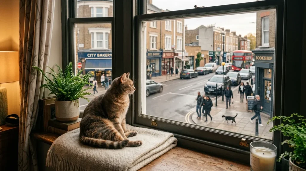 indoor cat vs outdoor cat lifespan comparison — healthy indoor cat beside window contrasting with outdoor risks visible outside