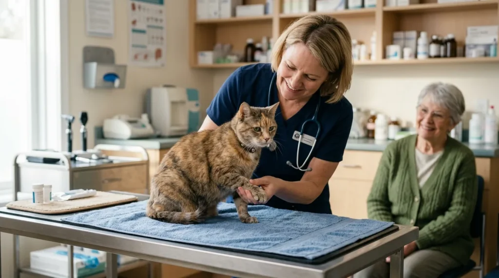 indoor cat lifespan factors — senior cat being gently examined at annual vet visit in a clinic