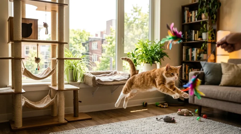 indoor cat long term health outcome — active playful cat in a well-enriched apartment showing healthy engagement