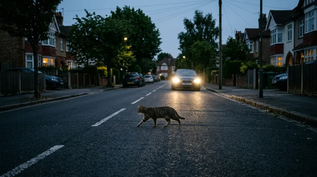 outdoor cat lifespan risks — cat crossing a busy road at night in a residential neighborhood