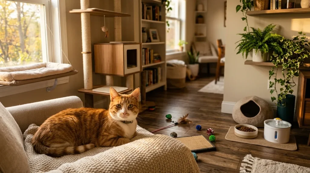 indoor cat verdict — content healthy cat living well in a fully enriched apartment setup