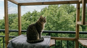 indoor cat safe outdoor access — cat sitting in an enclosed mesh catio attached to an apartment balcony