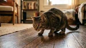  indoor cat instinct fulfilled — tabby cat stalking a feather wand toy in an apartment living room