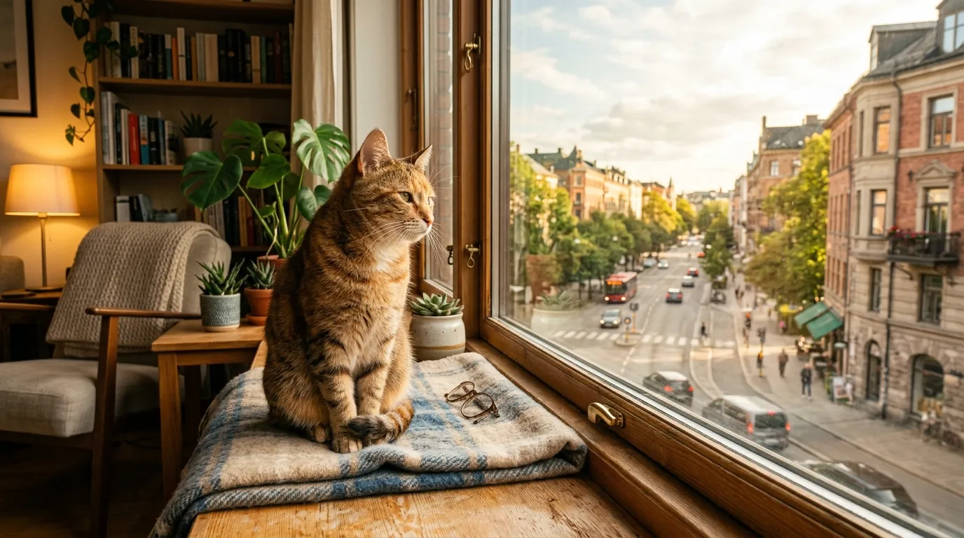 is it cruel to keep a cat indoors — contented cat sitting on a sunny apartment windowsill looking outside