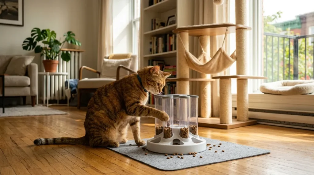 indoor cat enriched life — happy cat using a puzzle feeder in a well-setup apartment with cat tree visible