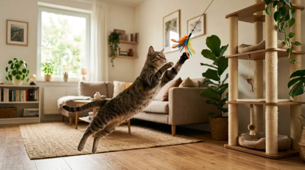  is it cruel to keep a cat indoors evidence — healthy indoor cat playing actively in a well-enriched bright apartment