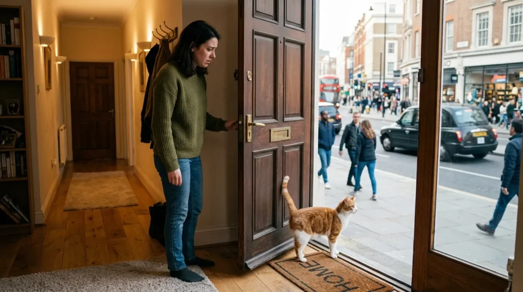 indoor cat guilt mistake — owner opening front door for cat because of guilt while busy street visible outside