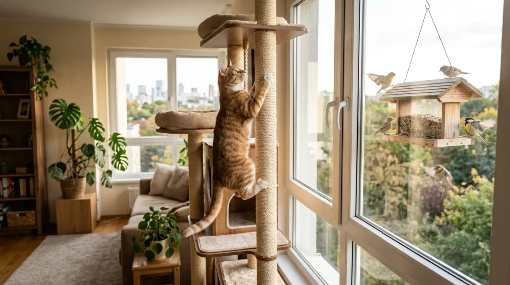 indoor cat behavioral needs — cat climbing a tall cat tree near an apartment window watching birds outside 