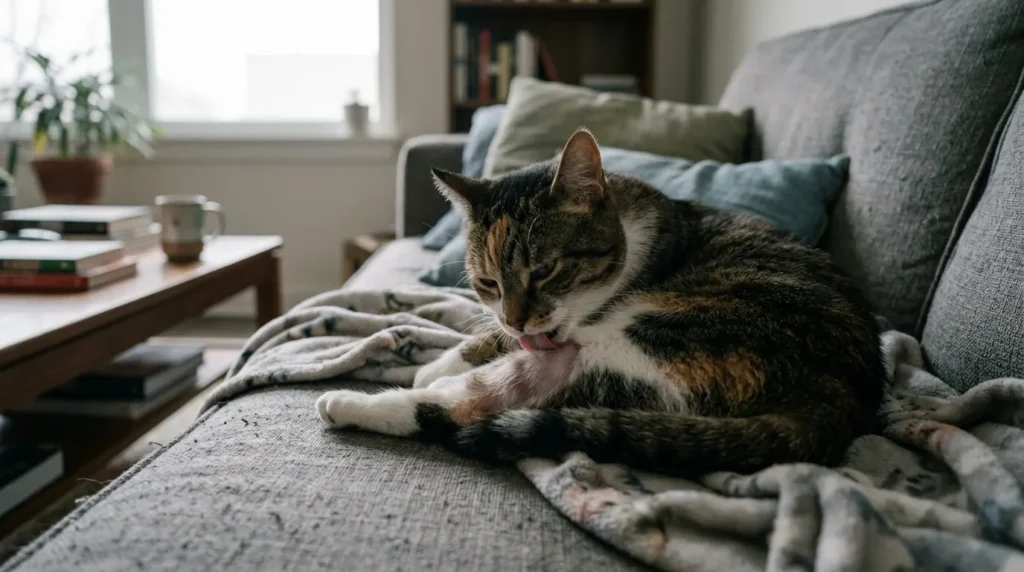 indoor cat not coping signs — cat over-grooming its leg on a couch in an understimulating apartment 