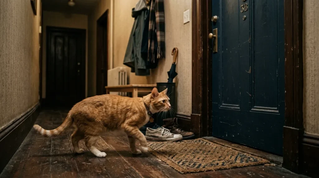 indoor cat struggle adjusting — restless cat pacing near front door of apartment wanting to go outside 