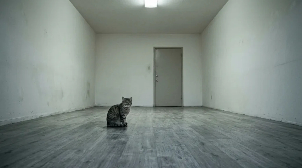 indoor cat welfare problem — cat sitting alone in a bare unstimulating apartment with nothing to d